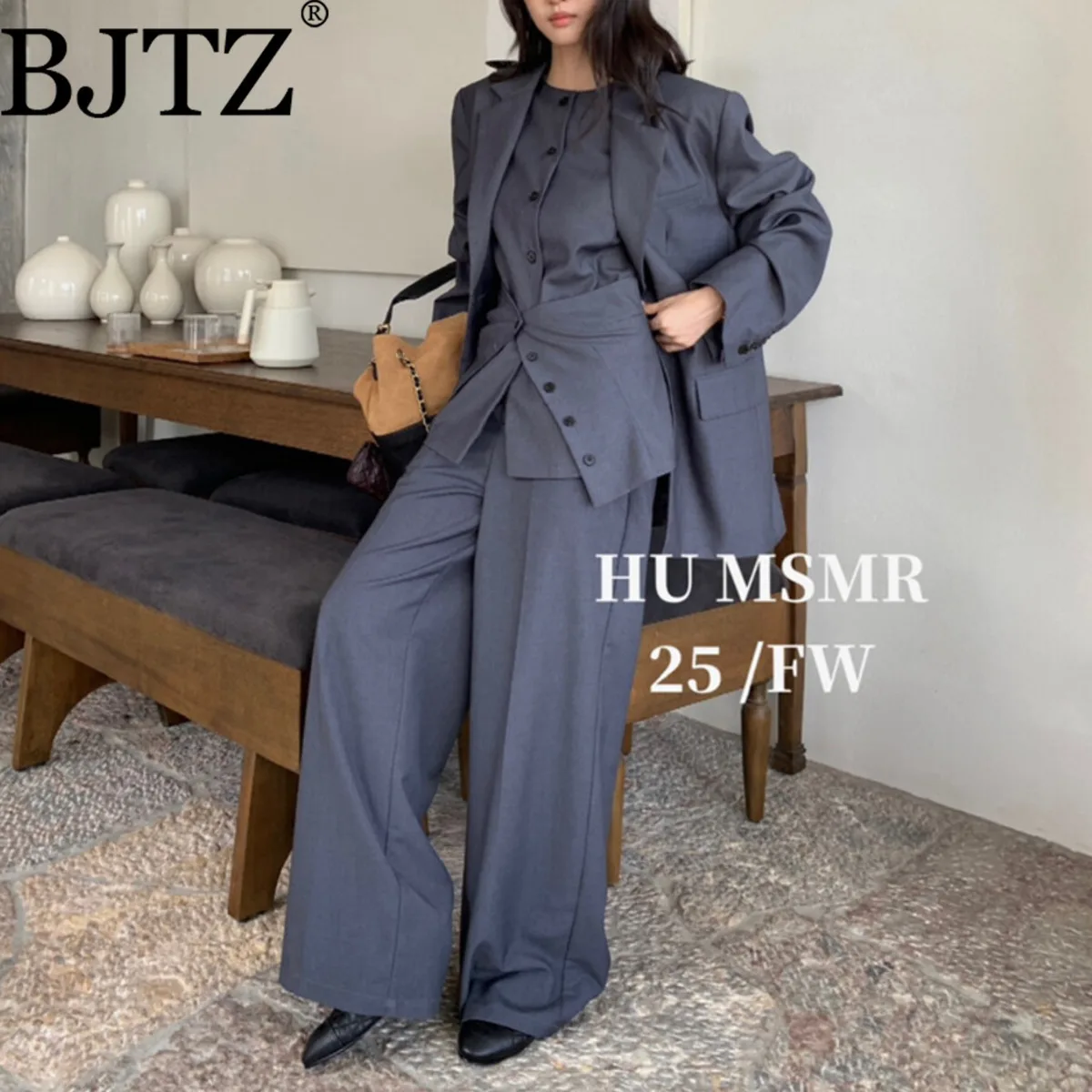 เสื้อเบลเซอร์ดีไซน์เนอร์แฟชั่น BJTZ และเสื้อกั๊กไร้แขน กางเกงขายาวเอวสูงทรงขากว้าง สำหรับผู้หญิง คอลเลคชั่นฤดูใบไม้ผลิ-ฤดูใบไม้ร่วง ปี 2025 เสื้อผ้าผู้หญิงใหม่