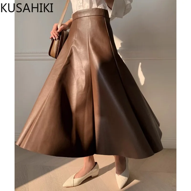 Kusahiki 2024 ins koreanischen Stil Herbst Winter Leder rock hoch taillierte Mode elegante kausale A-Linie pu lange Röcke Mujer