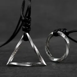 Vintage Punk Mobius Ring Triangle Totem Rune Pendant Rope Necklace Men's and Women's Romantic Jewelry Couple Gift