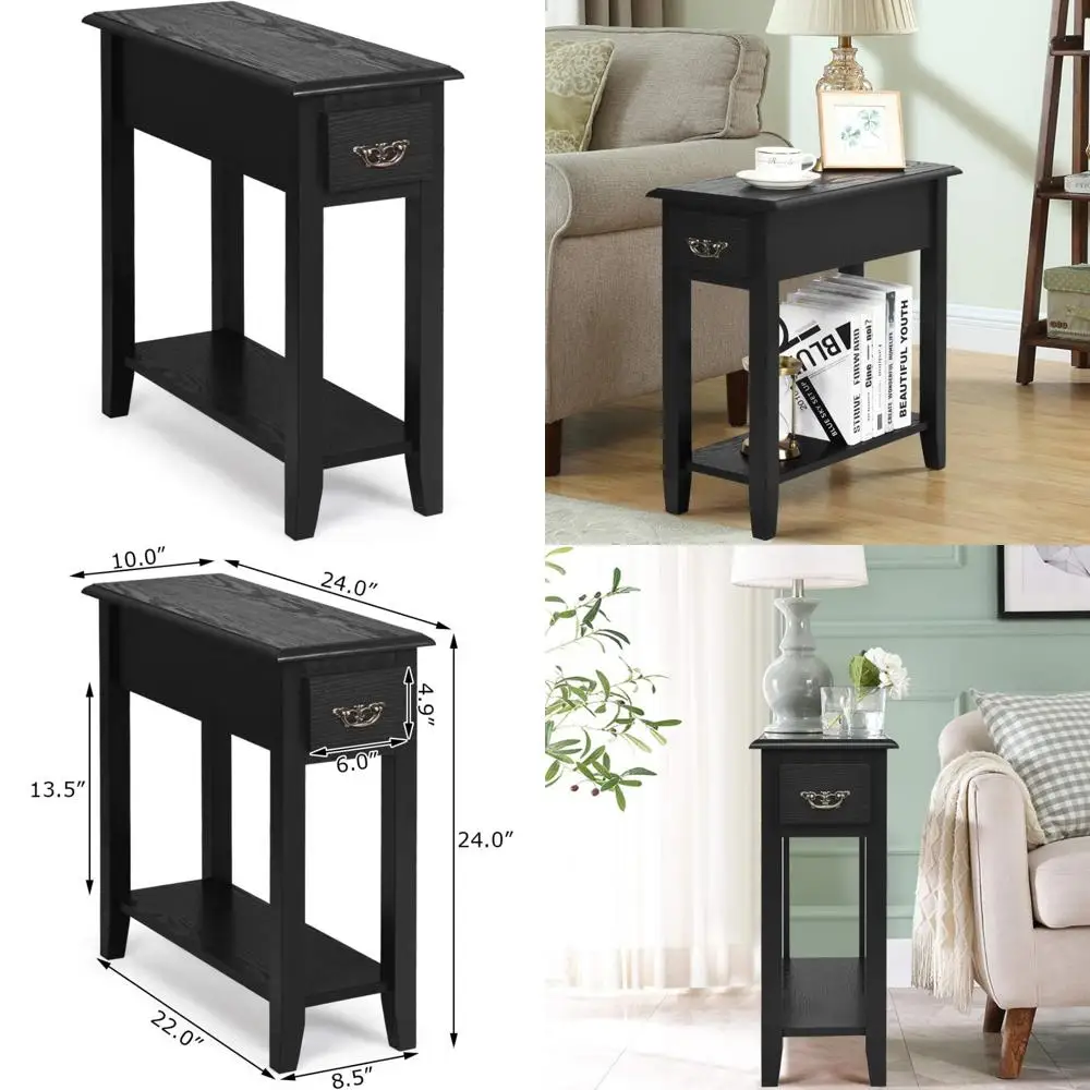 

Тонкий приставной столик с ящиком и открытой полкой — небольшой торцевой столик для компактных помещений, идеальная узкая тумбочка для кроватей