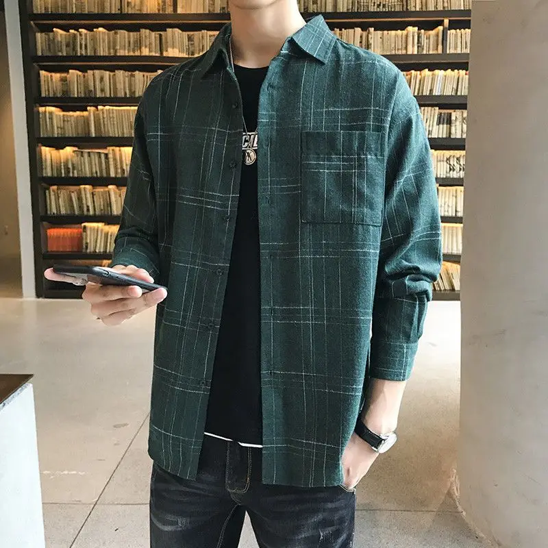 2023 Spring New Loose Oversized Men\'s Clothing Vintage Hong Kong Breeze Long Sleeve Lapel Plaid Printed Commute Simplicity Shirt