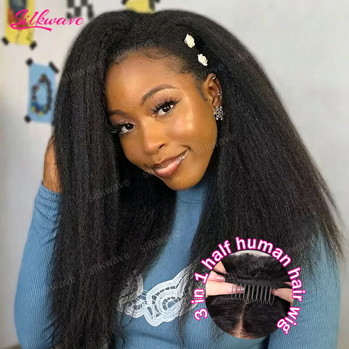 

30 Inch Straight Half Human Hair Wig Kinky Straight 3 In 1 Half Wig Wear To GO Wig With Drawstring Seamless Clip In Glueless Wig