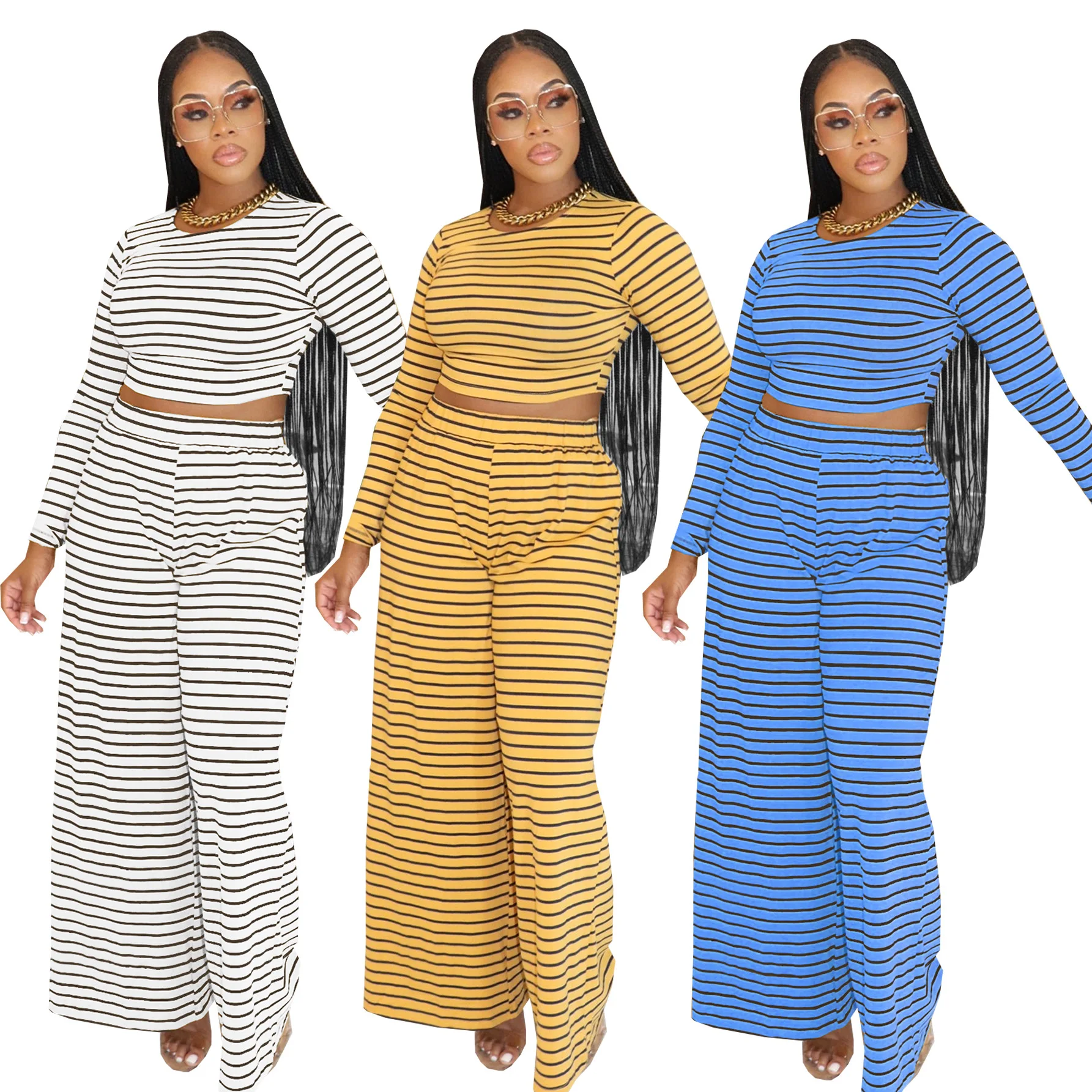 

Женский полосатый свободный топ с длинными рукавами, повседневные широкие брюки, комплект из двух предметов, осень 2025 г.