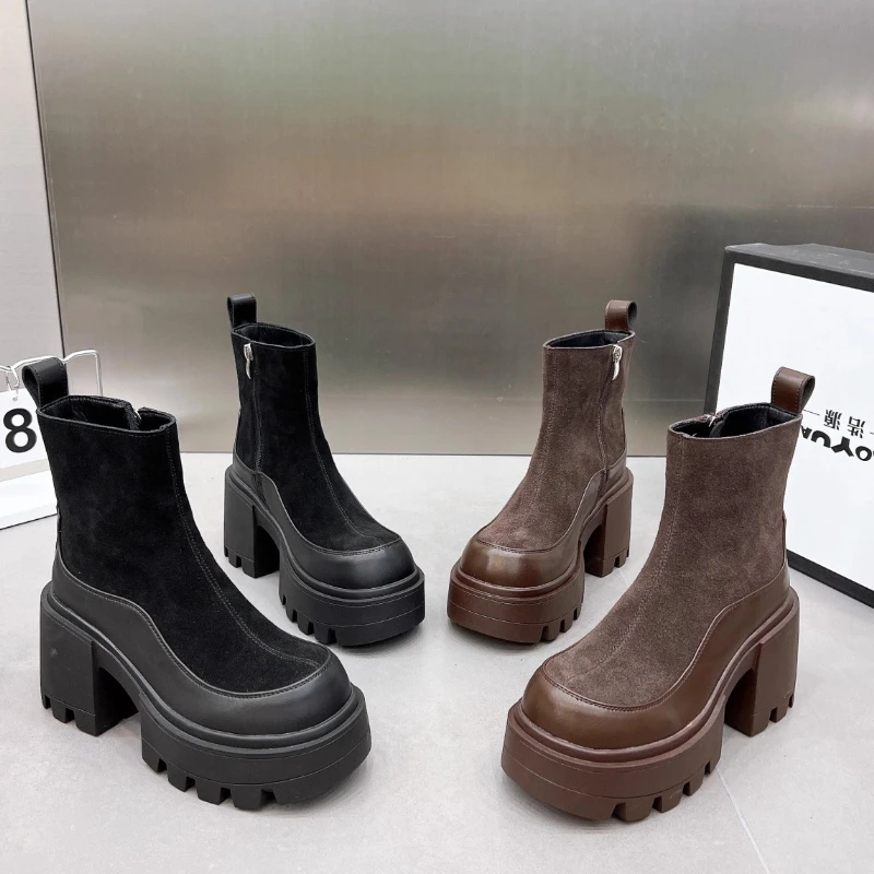 

Винтажные женские ботильоны на толстой подошве на платформе, женские короткие ботильоны, увеличивающие рост, модная осенне-зимняя женская обувь