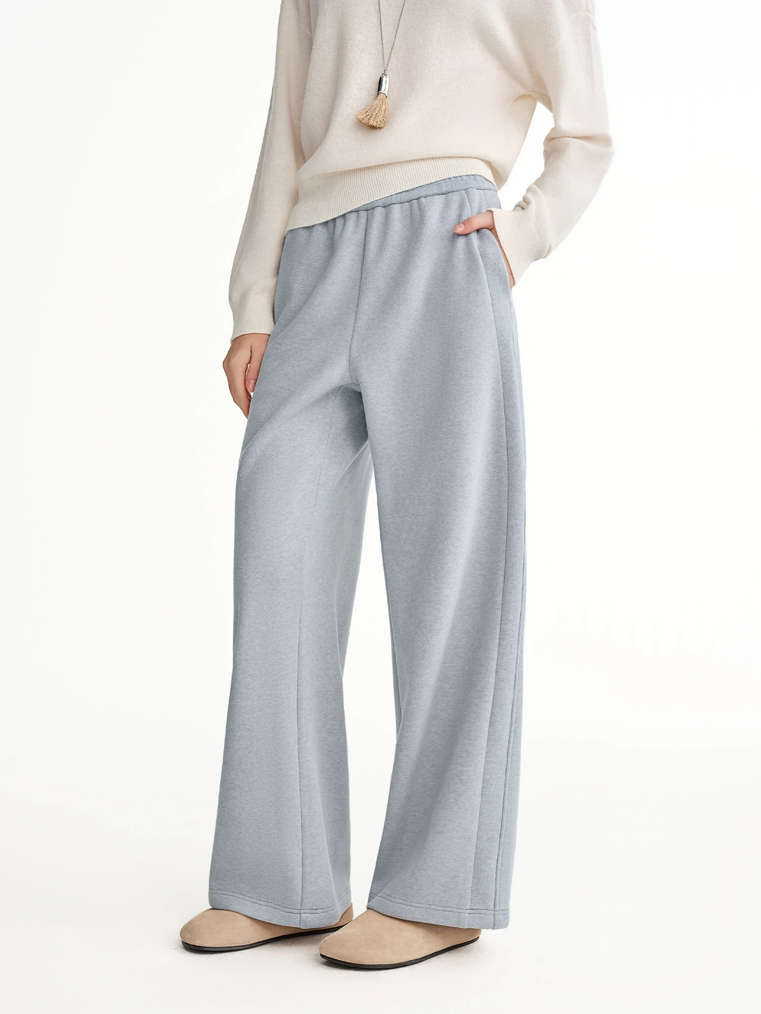 DUSHU Plus Size High Waist Fleece Lined Straight Leg Pants Winter Warm Elastic Waist Casual Trousers Cozy Plush Casual Pants