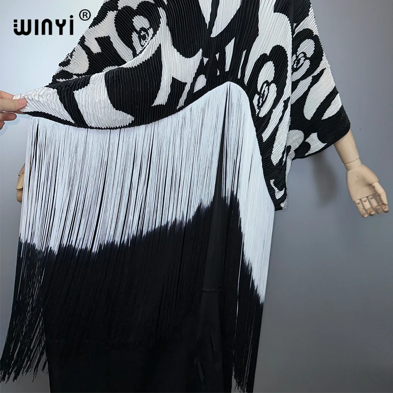WINYI Gradual tassel dress Women crumple Design Loose boho robe Maxi Long Femme Vestidos holiday Party Elegant Pleated dress