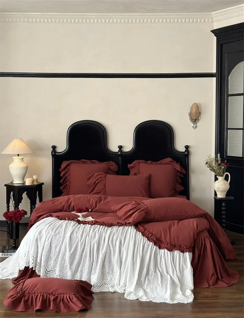 White Lace Brushed Cotton Double Queen Duvet Cover Burgundy Wine Red Soft Warm for Fall Winter Duvet Cover Bedskirt Pillowcses