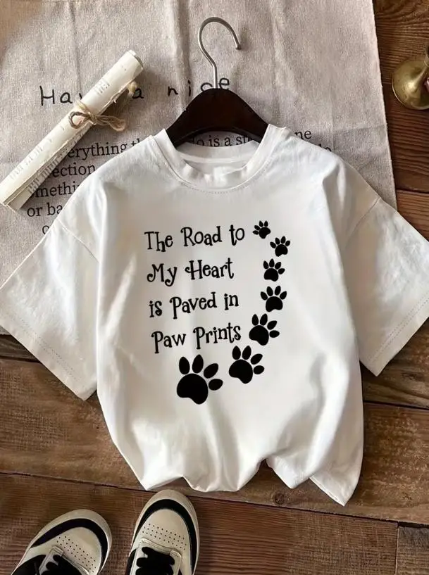Women Pet Lover Graphic T Shirt The Road To My Heart Is Paved In Paw Prints Heart Shaped Paw Print Round Neck Short Sleeve All Season Dog Mom Casual Tee