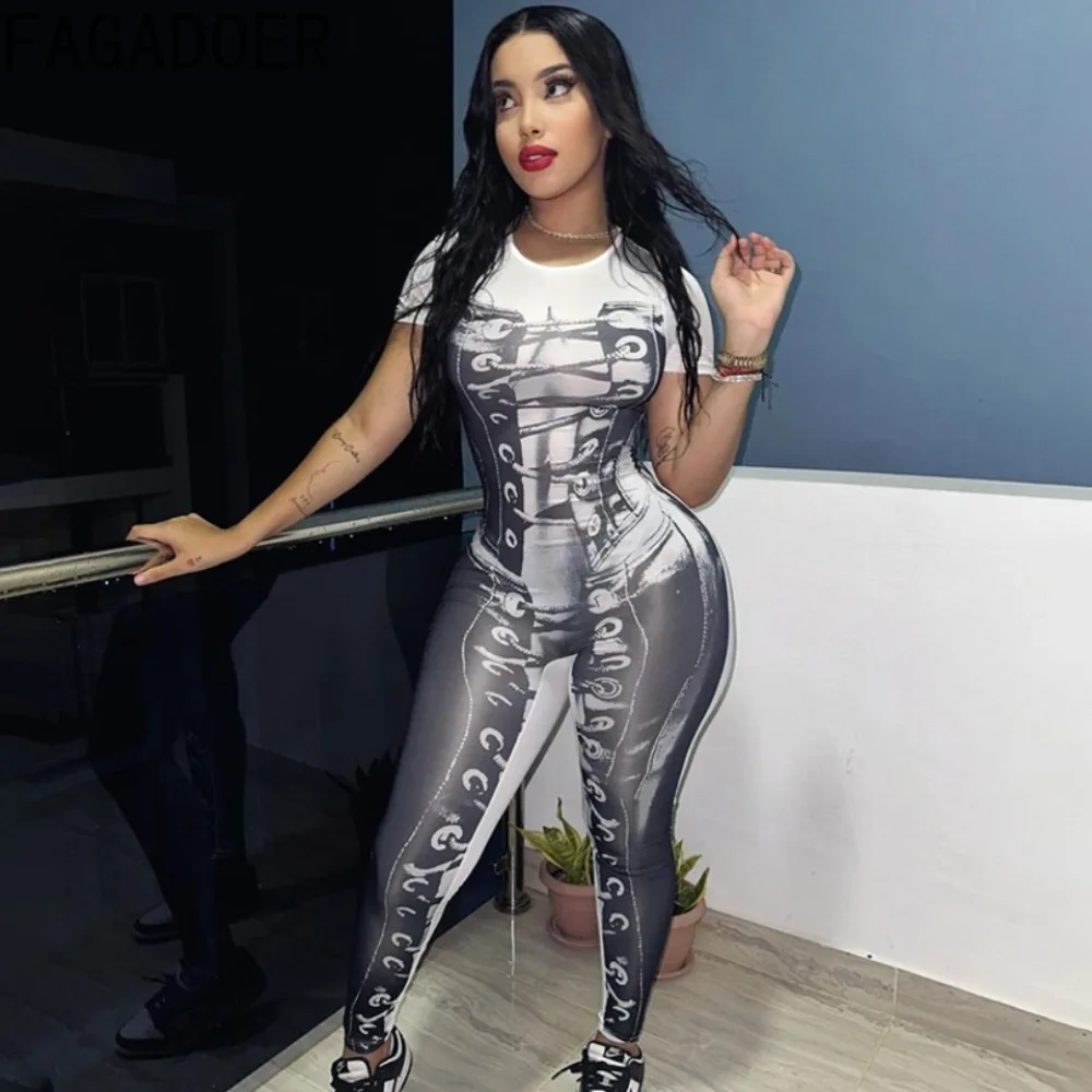 FAGADOER-Macacão feminino com impressão do corpo humano 3D, uma peça, gola redonda, manga curta, macacão fino, macacão feminino, bodycon, moda