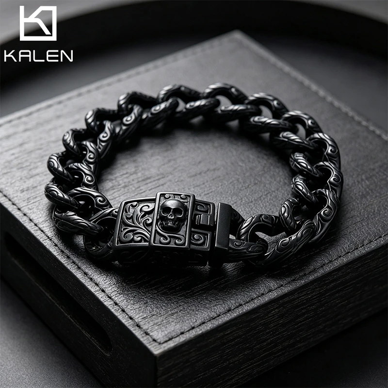 KALEN Dark Gothic Skull Stainless Steel Bracelet For Men Hip Hop Punk Niche Cuban Chain Fashion Jewelry Halloween Party Gifts
