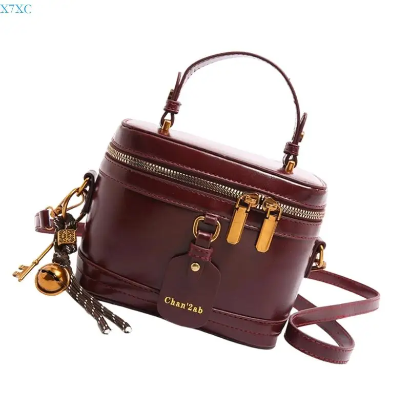 X7XC حقيبة دلو نسائية ريترو حقيبة يد أنيقة حقيبة كتف جلدية #3