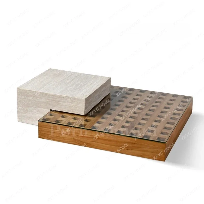 Lnatural travertine rectangular coffee table light luxury living room household solid wood tempered glass tea table