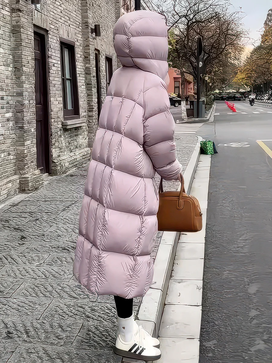 

Korean Sle Long White Du down Puffer Jaet Women's Winter Coat Loose Fit Warmth Hooded Bubble Outerwear
