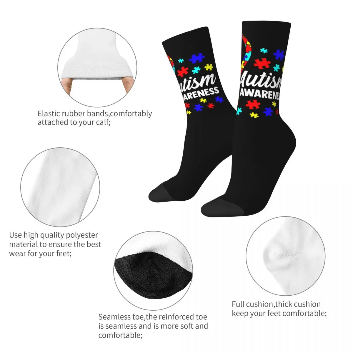 Winter Warm Crazy Design Men's Women's Cute Autism Awareness Socks Autistic Unique Colorful Sweat Absorbing Sports Socks