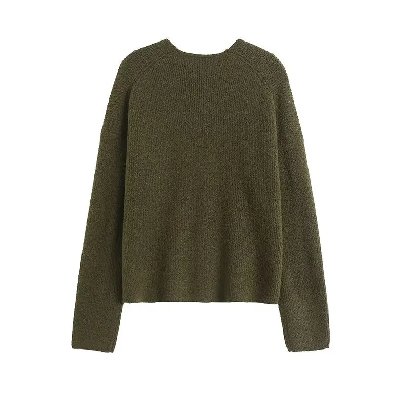 KEYANKETIAN 2024 New Launch Women Army Green Knit Top Spring Simply Single Breasted  V-Neck Loose Wool Blend Short Sweater