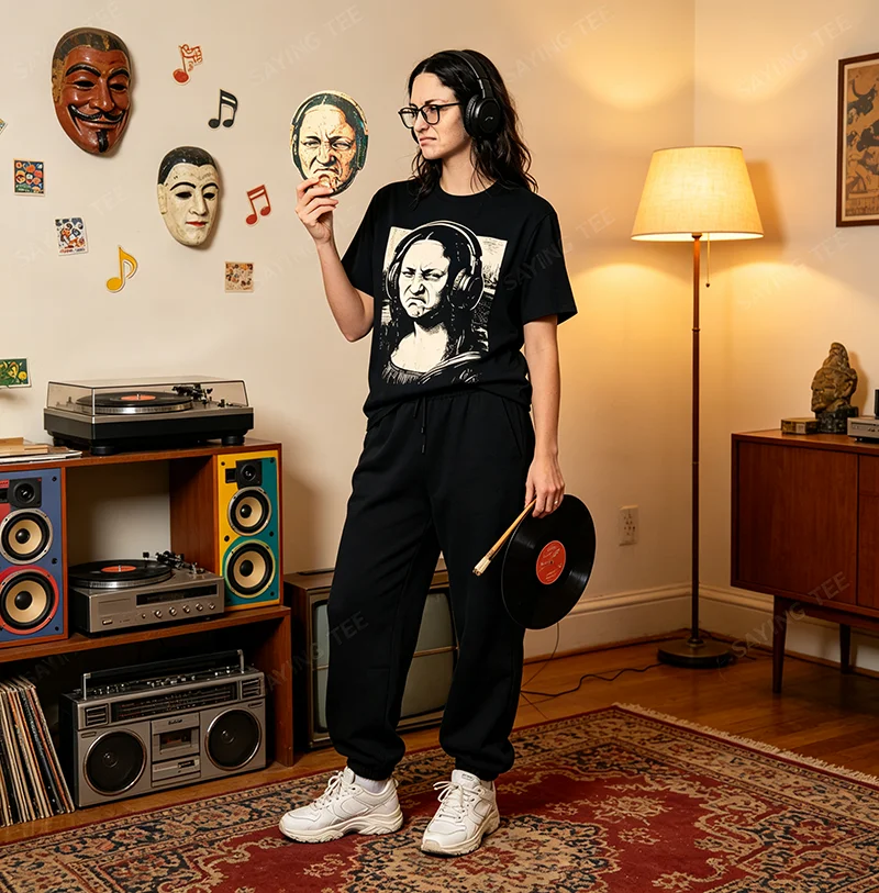 Mona Lisa Bass Face Lustiges T-Shirt für Musikliebhaber DJs Produzenten Y2k Artwork Bass Player Streetwear Kleidung Personalisiertes Konzert-T-Shirt – Detail 6