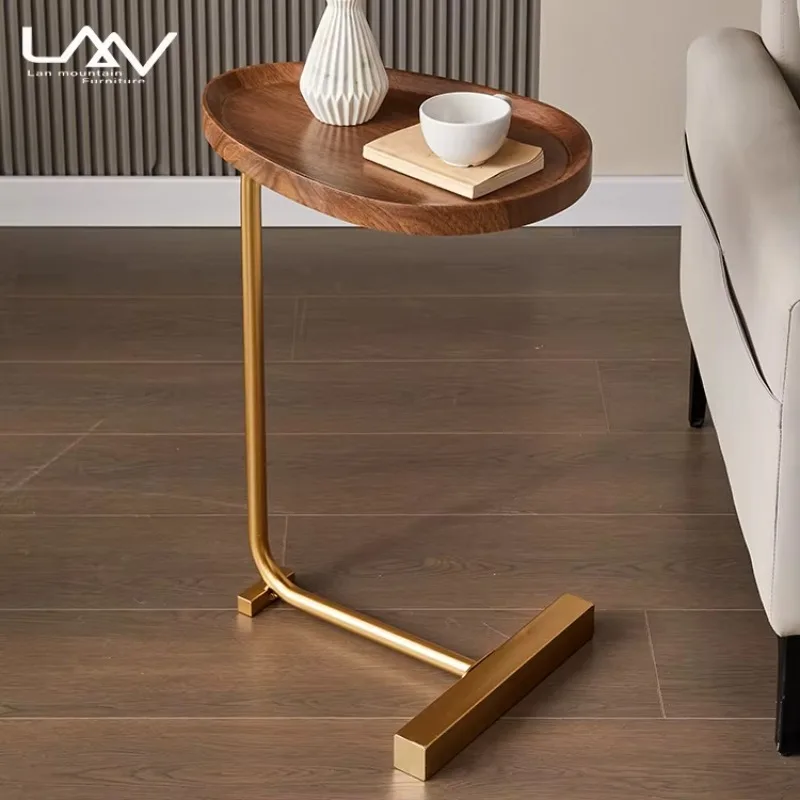 

Modern Simple Living Room Metal Frame Wood Top Sofa Side Table Hotel Bedroom Walnut Corner Table Furniture