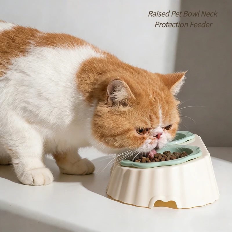 

Ceramic Flower Pet Bowl Double Dish Raised Feeder Anti Spill Tilted Design Neck Protection Food Water Feeder for Cat Dog