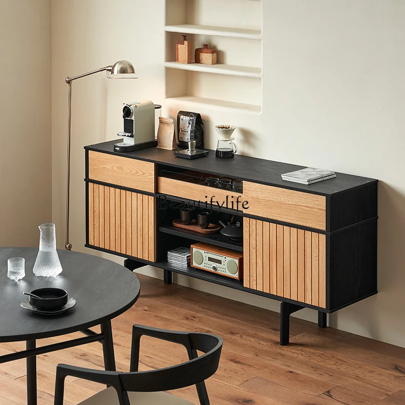 

4*Nordic modern retro color matching solid wood wabi-sabi wind dining side cabinet light luxury household wall storage cabinet