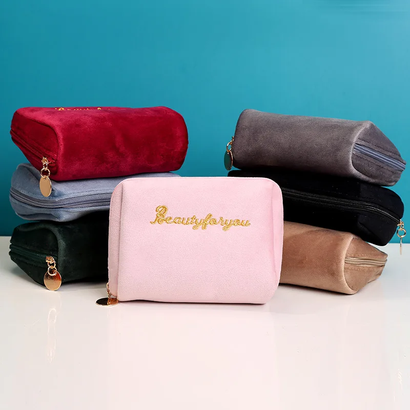 Travel Makeup Bag Women Portable Sanitary Napkin Make Up Storage Bag Velvet Letter Literary Zipper Cosmetic Bag Organizer Case