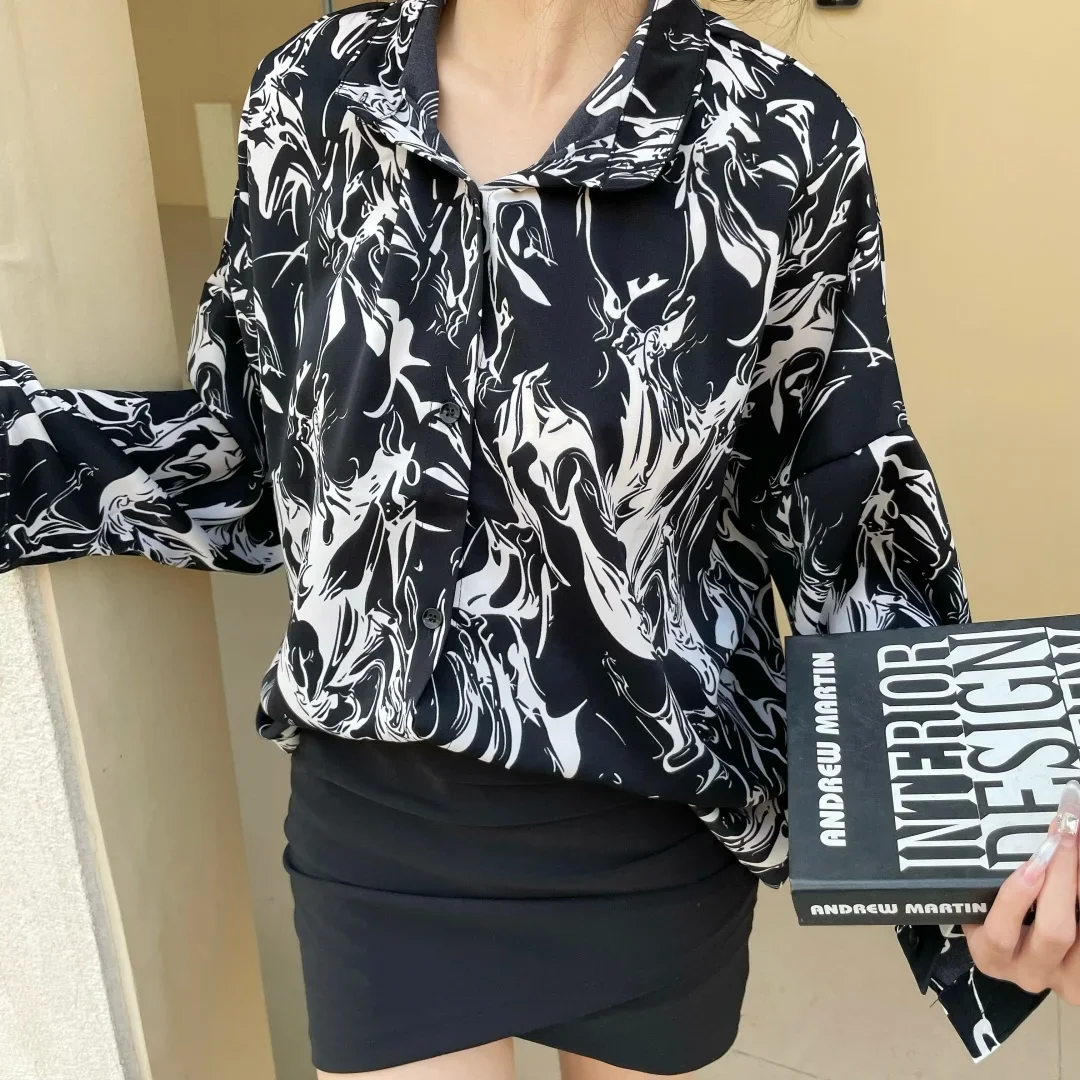 Chemise rétro à manches longues pour femmes, haut décontracté, impression en temps réel, impression d'encre, coréen, printemps, nouveau, grande taille, A465
