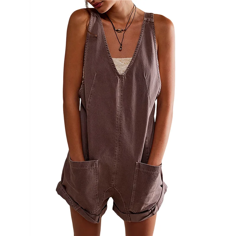 CYL-ملابس نسائية قصيرة كاجوال صيفية رومبير رقبة على شكل V بدون أكمام بذلة قصيرة فضفاضة #4