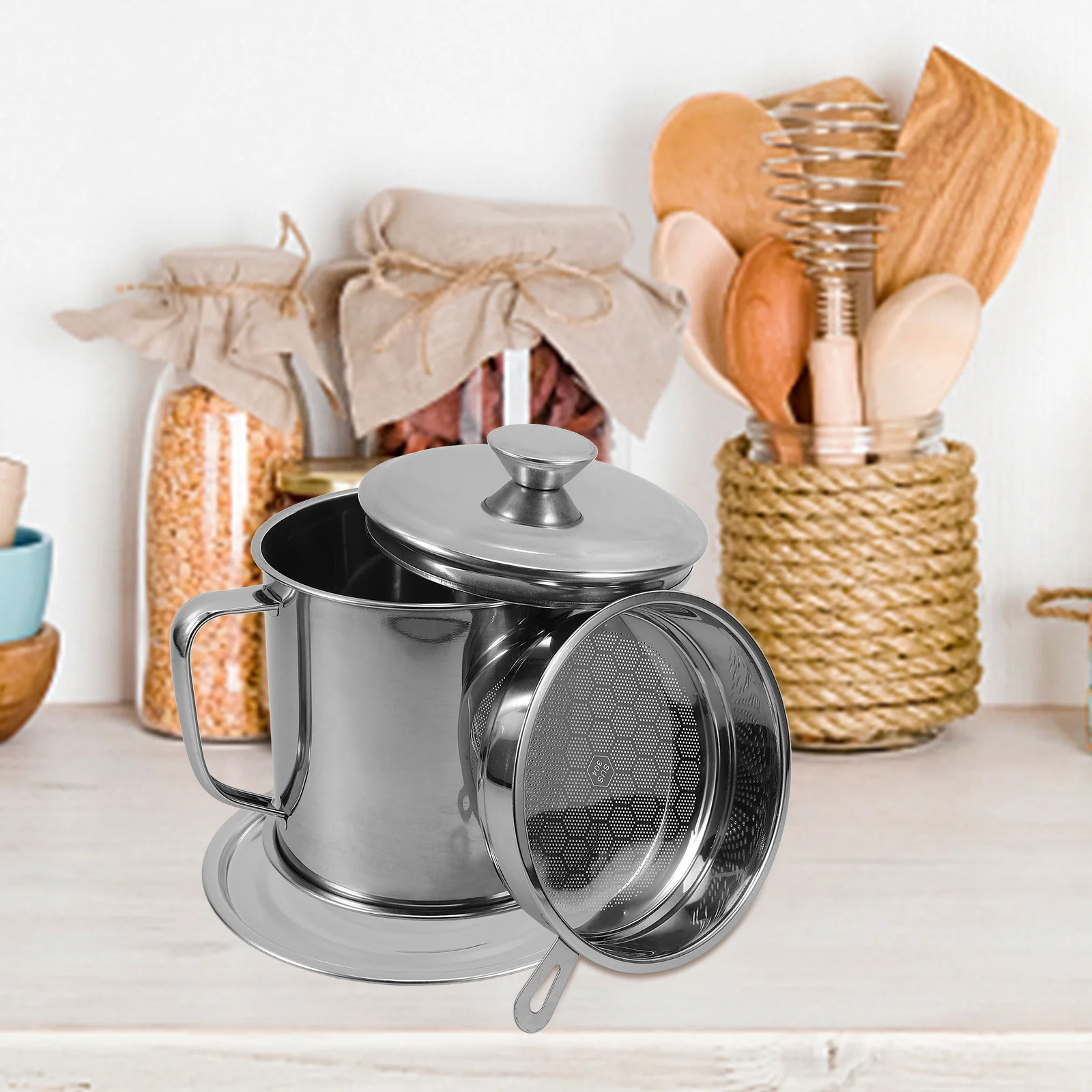 

Stainless Steel Oil Filter Pot Kitchen Cooking Oil Container Grease Separator Pot with Handle for Home Use