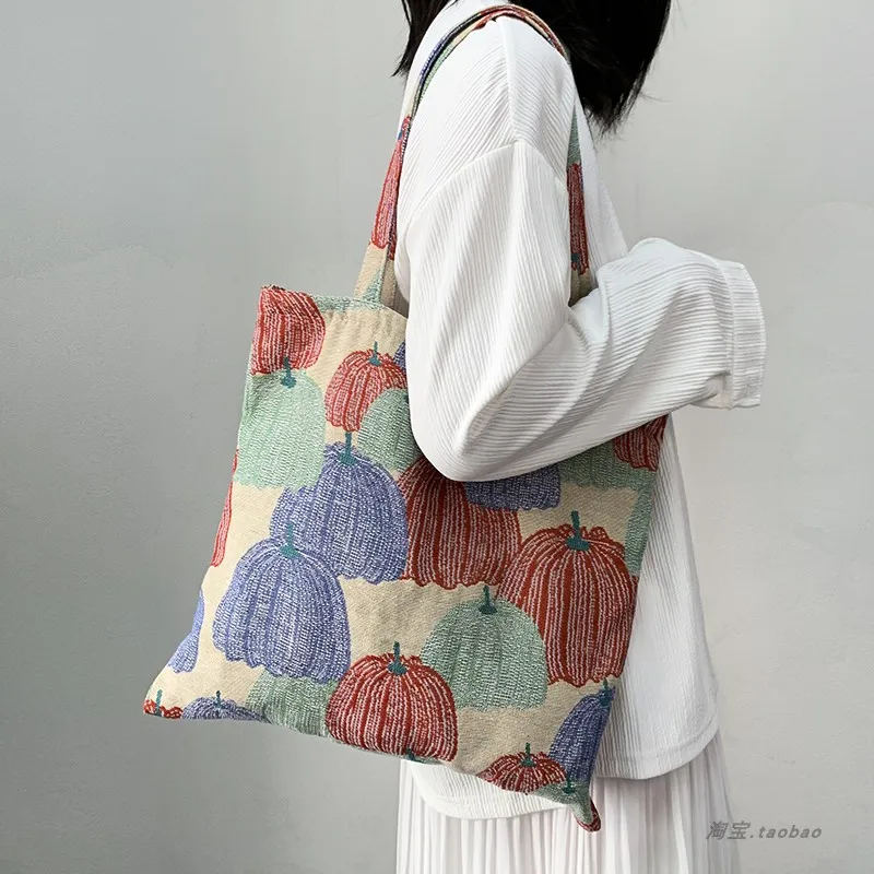

Original Retro Pumpkin Pattern Embroidered Canvas Shoulder Bag, Personalized Simple Casual Versatile Outdoor Women's Bag Trendy