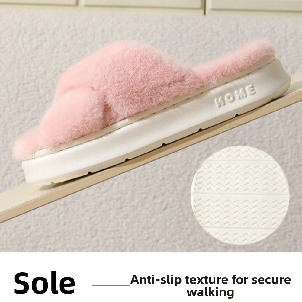 Thick-Soled Women Cross-Strap Slippers Non-Slip Cozy And Fluffy Winter Furry Slippers Soft And Skin-Friendly Open-Toe
