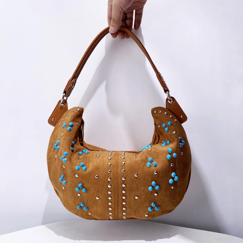 Faux Suede Half Moon Bag For Women Luxury Designer Handbag Purse 2024 New In Polyester Mosaic Beads Rivet Slim Underarm Shoulder