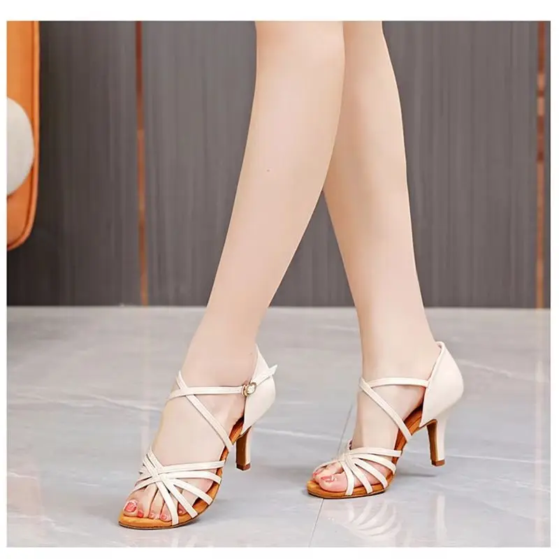 PU Latin Dance High-Heeled Dance Shoes Breathable Satin Soft Suede Leather Sole 7Cm Anti Slip Comfortable Women's Dance Shoes
