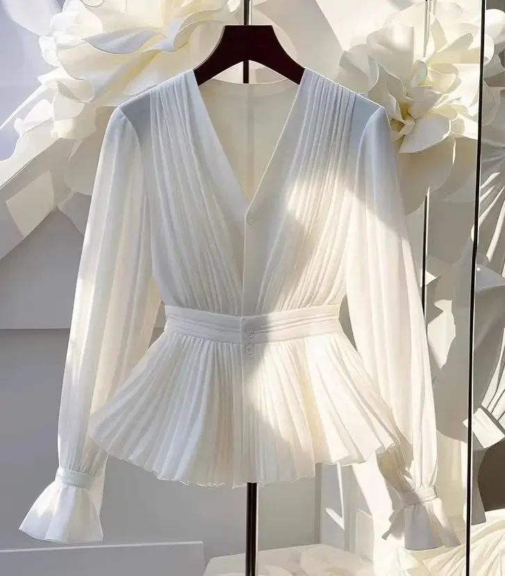 

Элегантная плиссированная белая рубашка на пуговицах с длинными рукавами, женская туника с v-образным вырезом и рюшами, базовая блузка, шифоновая женская офисная повседневная блузка