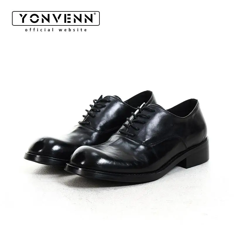 

Washed cowhide lace up shoes for men's commuting elegant Oxford shoes square round toe derby shoes formal dress shoes