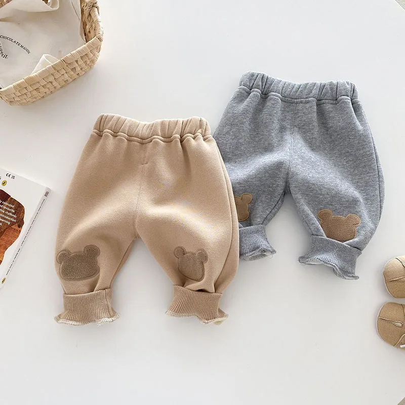MILANCEL New Winter Children Warm Sweatpants 0-5T Girls Cute Bear Fleece Padded Trousers