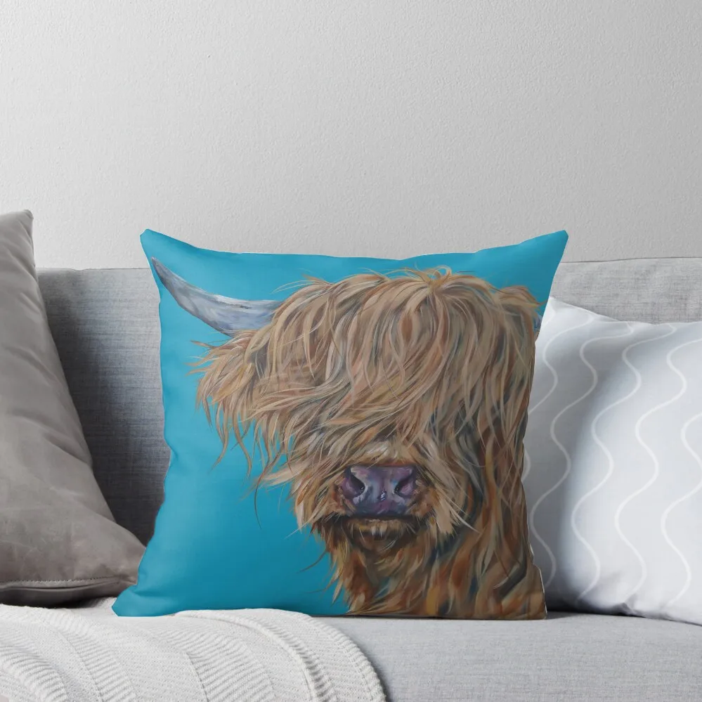 Fluff McDuff. Highland hairy cow, Heilan Scottish coo art by award-winning UK artist Sam Fenner Throw Pillow