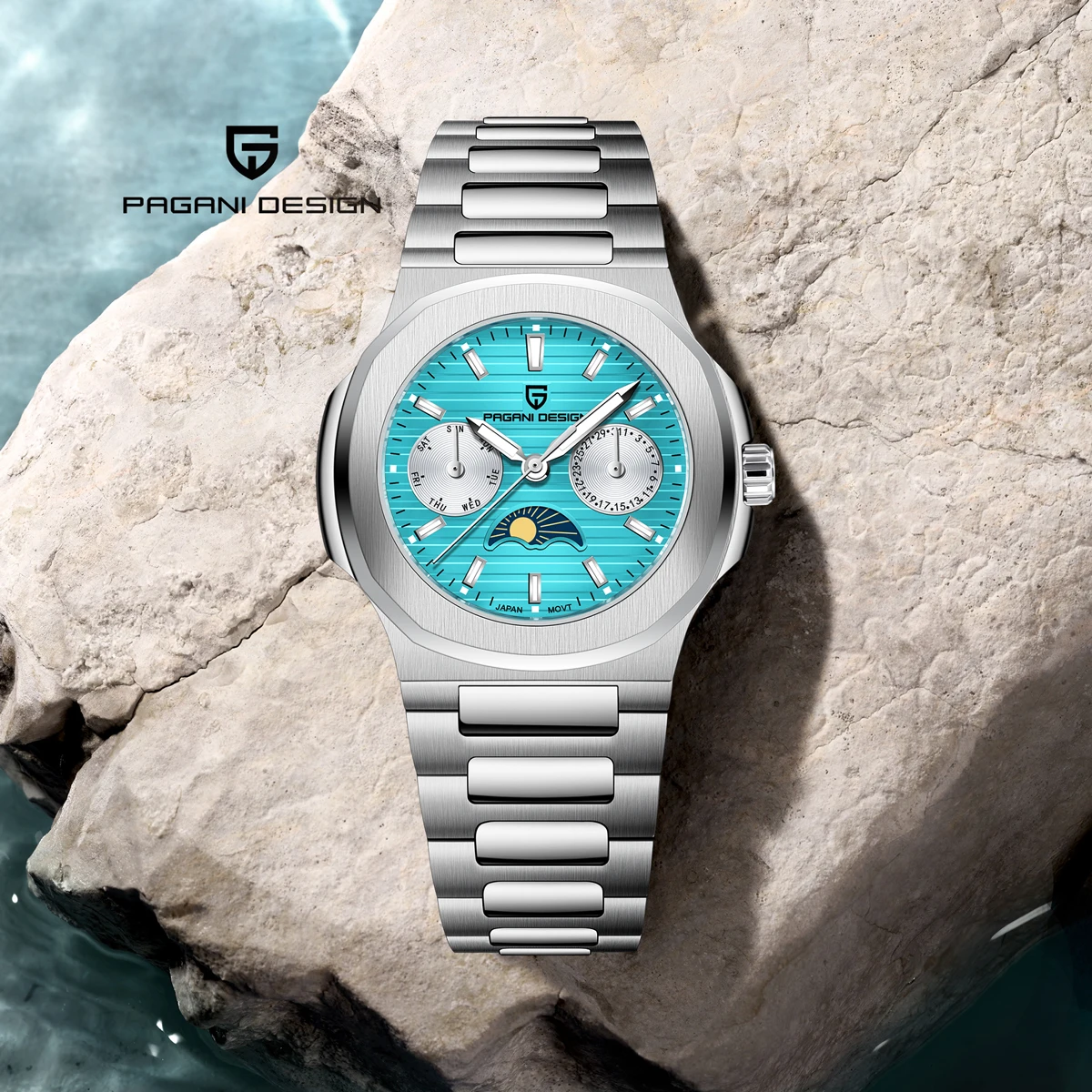 PAGANI DESIGN New Quartz Watches For Men Moon Phase Automatic Date Week Chronograph Women's Stainless Steel Luminous Wrist Watch