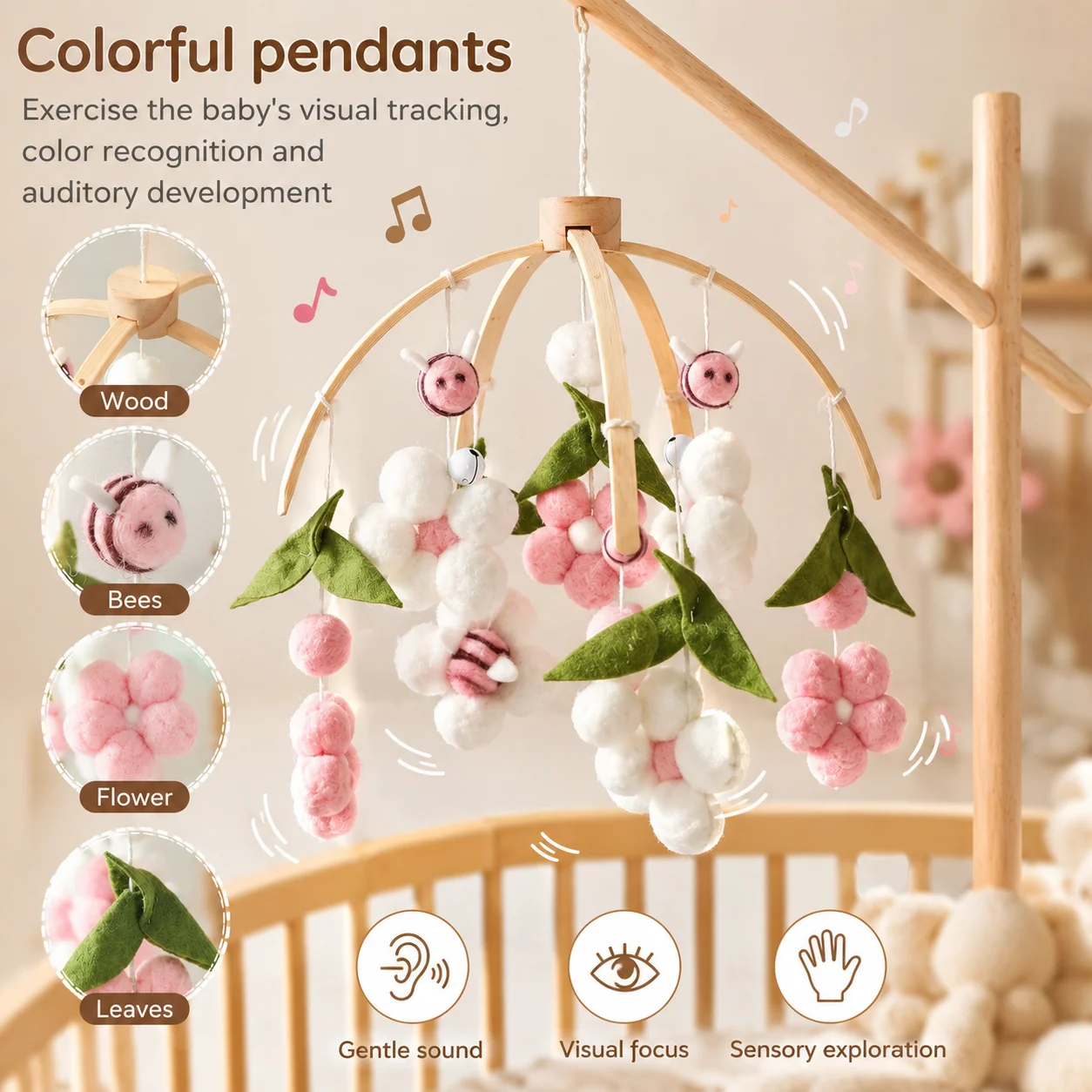 0‑12 Months Baby Crib Mobile Kit Solid Wood Rotating Stand Bracket Soft Felt Flower Bee Crib Mobile Infant Nursery Newborn Gifts