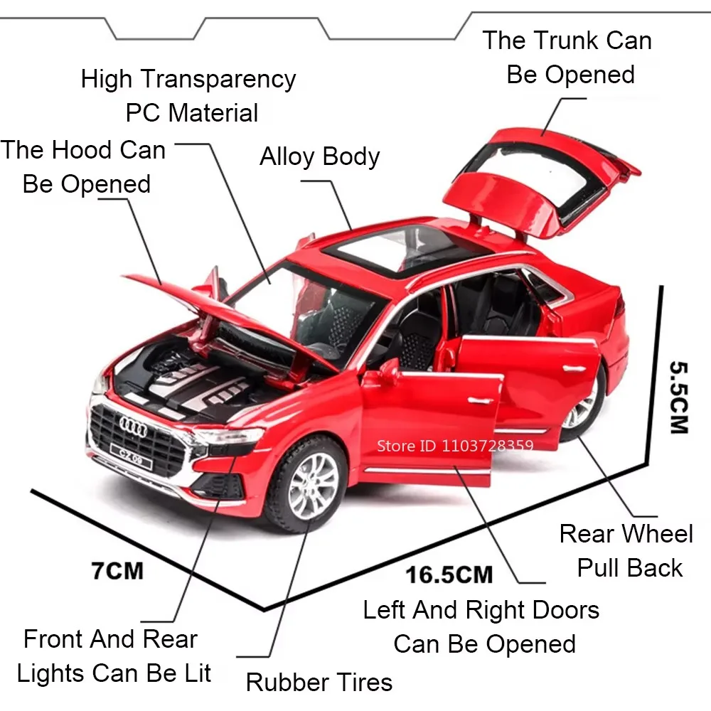 1:32 Scale Q8 RS7 Toy Model Cars Alloy Diecast Miniature Vehicles Sound Light Doors Opened Pull Back Rubber Tires for Kids Gifts