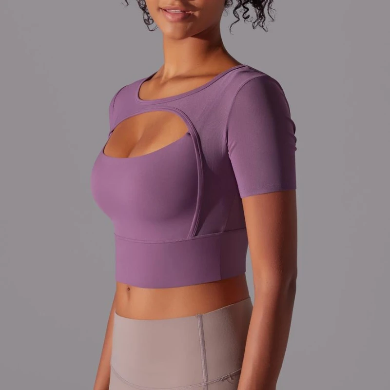 MIML Women's Solid Color Splice Mesh Double Layer Short Sleeve Strap Bra Sexy Running Yoga Top Fitness Wear
