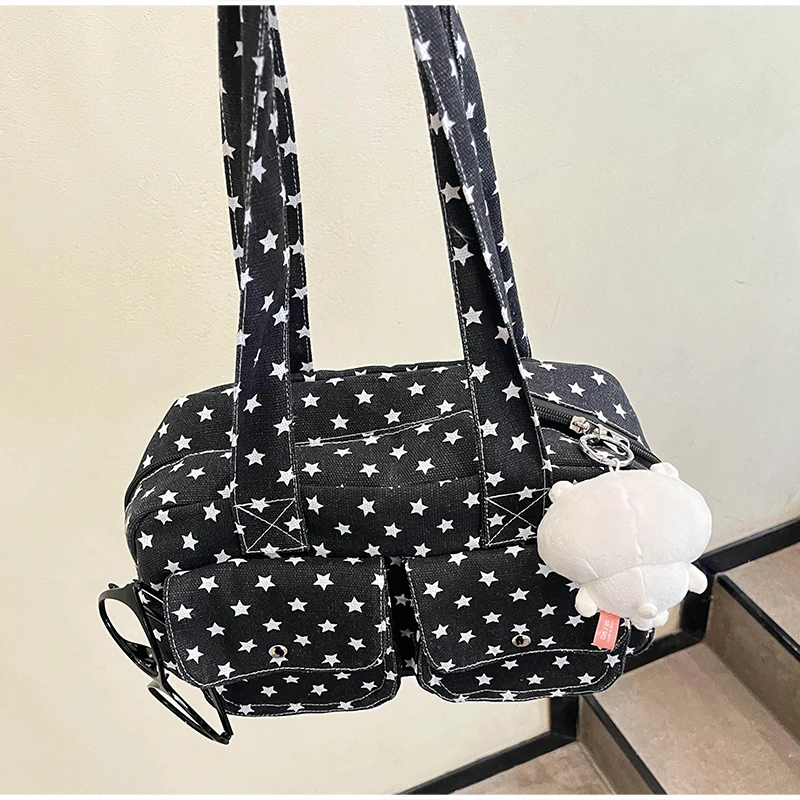 Mehrfach-Taschen-Schultertasche mit Polka Dots, Damen-Canvas-Tragetasche, Koreanische Lässige Süße Niedliche Pendler-Einkaufs-Reisetasche – Detail 35