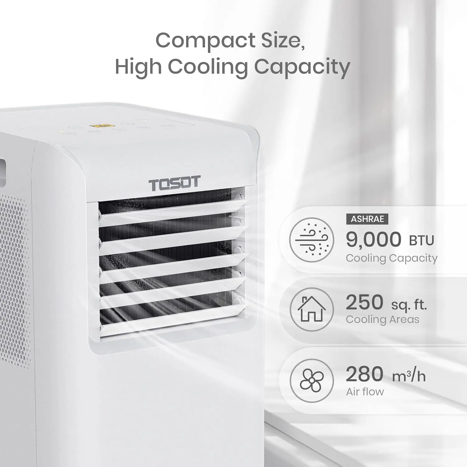 9,000 BTU Air Conditioner Easier to Install, Quiet and 3-in-1 Portable AC, Dehumidifier, Fan for Rooms up to 250 Sq Ft, Aovia Se