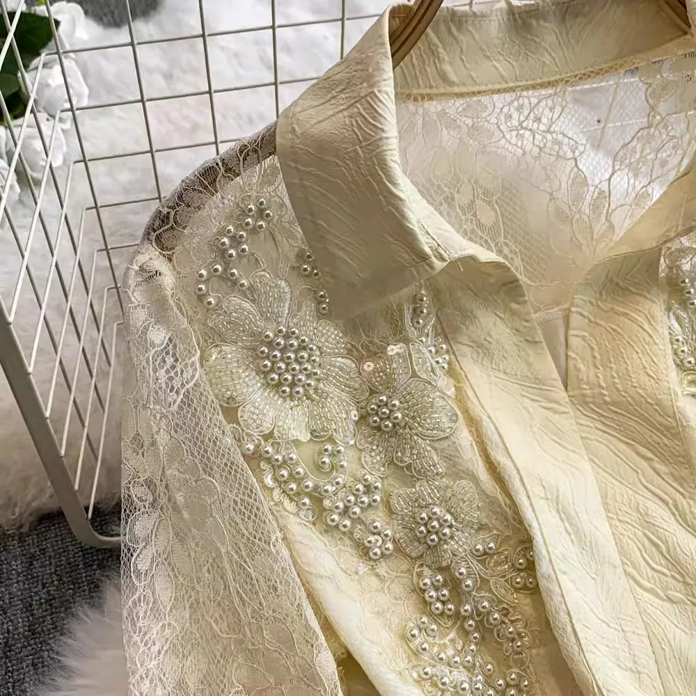 Robe française élégante en maille et dentelle brodée de fleurs, à volants et perles, simple boutonnage, ceinture, robes de soirée pour femmes