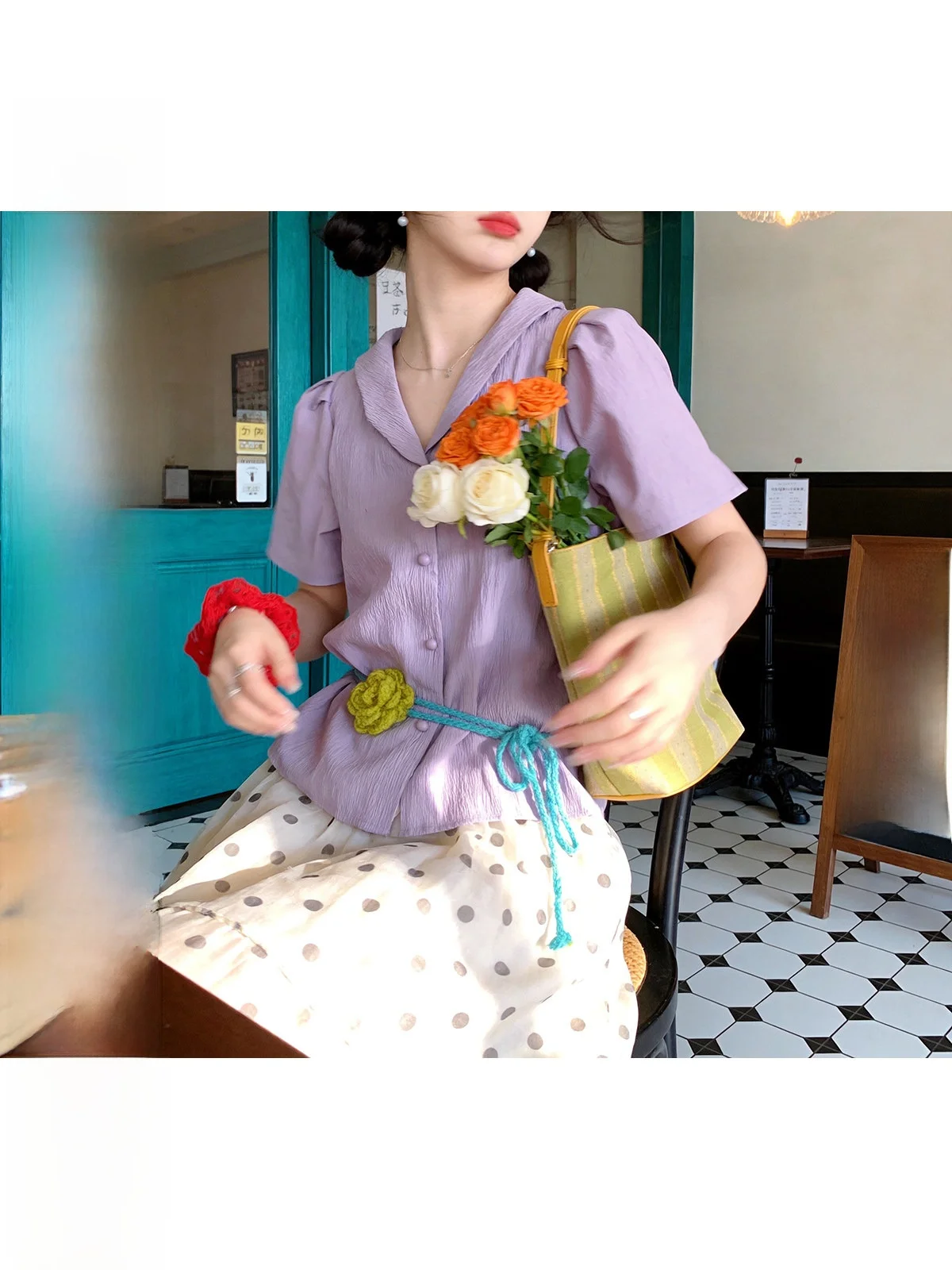 

Iuui·le Vintage Purple Short Sleeve Shirt Light Purple Flowing Clouds Early Evening Fragrance Loose Fit Women's Polyester Fiber