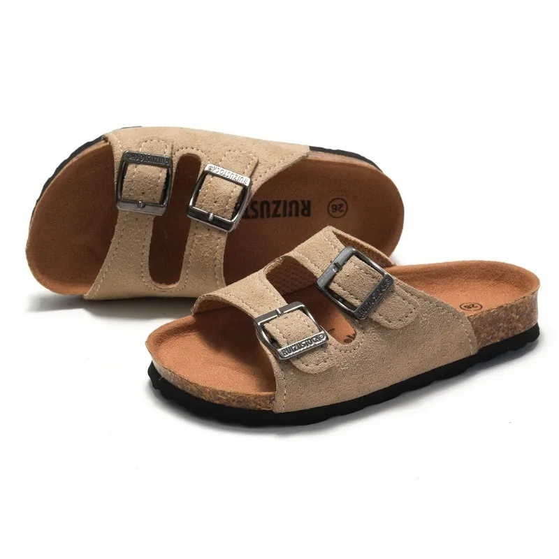 Ew Children Suede Cork Sandals Boys and Girls Beach Slippers Teen Metal Buckle Slippers Kids Casual Versatile Sandals Flip-flops