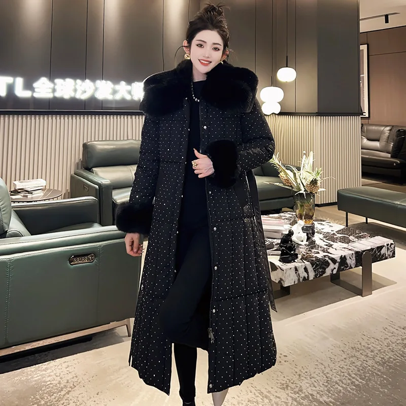2026 Diamonds Cotton-padded Jacket Women's Winter X-long Parkas Thicken Warm Big Fur Collar Coat Mother Sashes Slim Outerwear