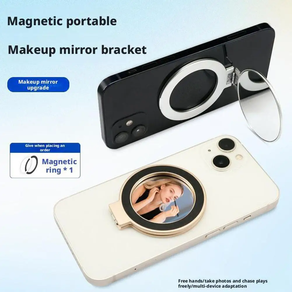 Universal Magnetic Cell Phone Stand with Makeup Mirror Aluminum Alloy Magnet Travel Portable Folding Phone Mount For Cell Phone