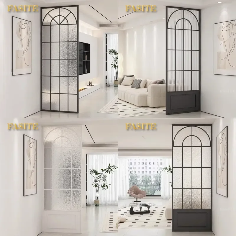 For French Simple Style Faux Window Screen Partition with Changhong Water Cube Corrugated Tempered Glass and Wrought Iron