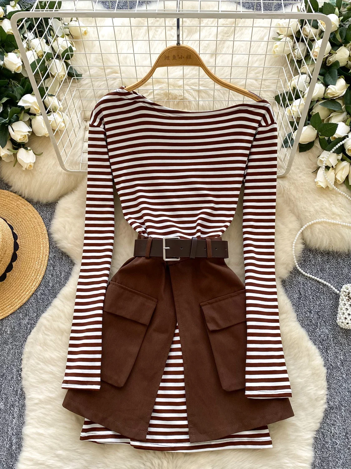 Korean Sle Women's Slim Fit Striped T-irt Dr oulder Design Long Sve High Waist f Skirt Two Piece Set Casual Wear