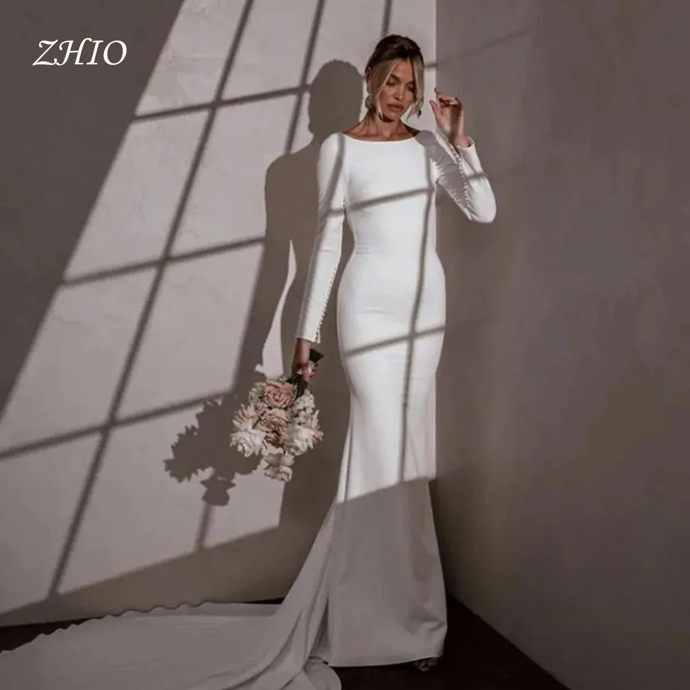 

ZHIO Elegant Long Sleeve Wedding Dresses Luxury 2025 Civil Bridal Dress Mermaid Women Backless Pearls Party Wedding Dress Custom