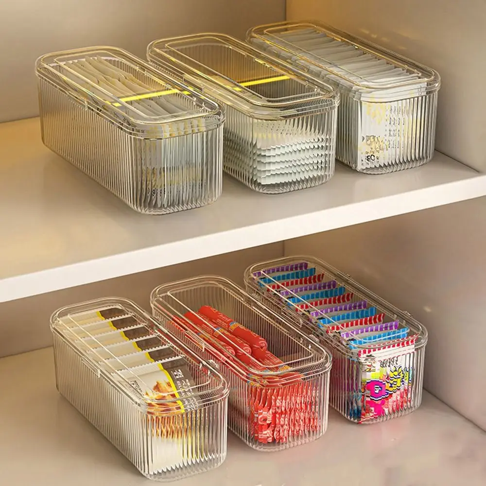 Acrylic Tea Bag Storage Box Flip Top Striped Coffee Capsule Storage Box with Lid Dustproof Cosmetic Brush Organizer Kitchen